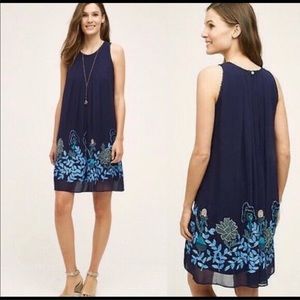Anthro navy embroidered cocktail swing dress
